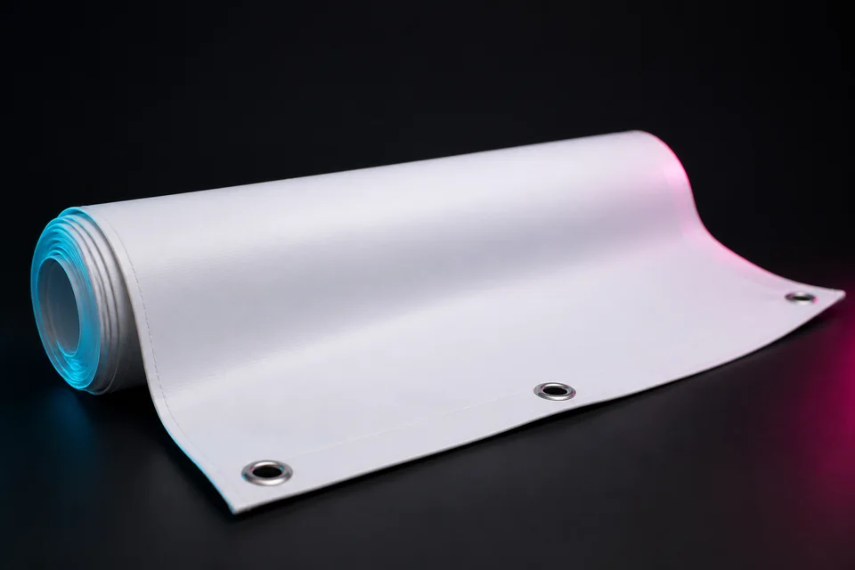 Weißes Bannermaterial mit Saum und Metallösen