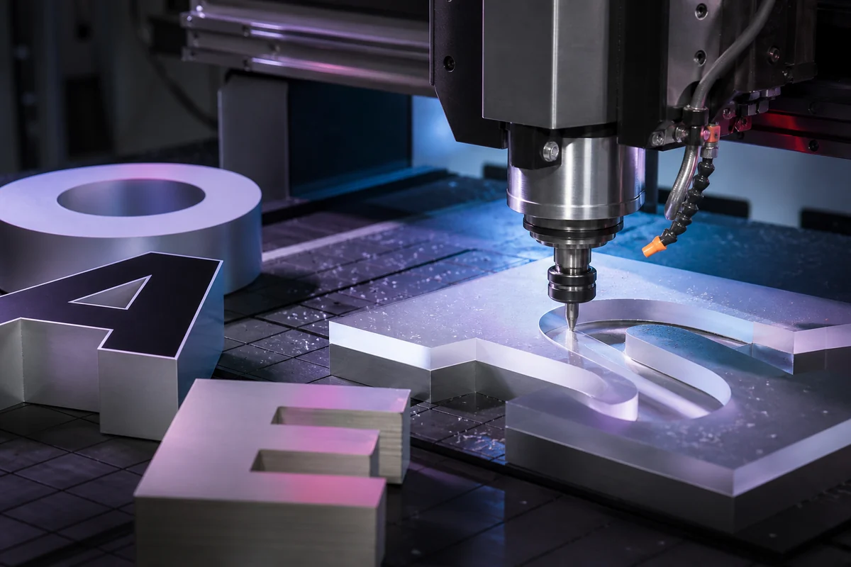 CNC-Fräse bearbeitet dreidimensionale Buchstaben und Formteile